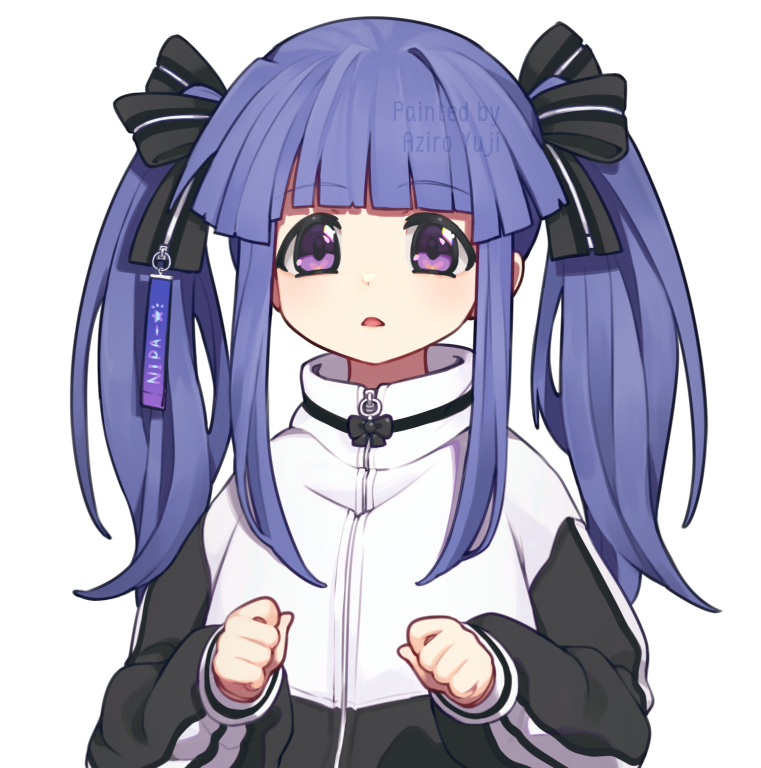 1girl abiko_yuuji artist_name black_bow black_jacket black_ribbon blue_hair blunt_bangs bow cowboy_shot furude_rika hair_ribbon higurashi_no_naku_koro_ni jacket looking_at_viewer open_mouth purple_hair ribbon simple_background solo tag track_jacket track_suit triangle_mouth twintails upper_body watermark white_background white_jacket zipper