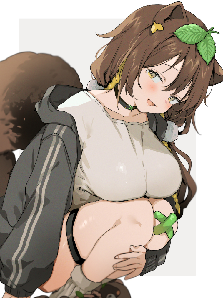 1girl animal_ears bandaid bandaid_on_knee bandaid_on_leg black_choker black_jacket blonde_hair blush breasts brown_hair choker collarbone commentary commission hugging_own_legs indie_virtual_youtuber jacket large_breasts leaf leaf_on_head looking_at_viewer multicolored_hair nonoyama original raccoon_ears raccoon_tail shirt simple_background skeb_commission smile solo squatting streaked_hair tail thigh_strap virtual_youtuber white_background white_shirt