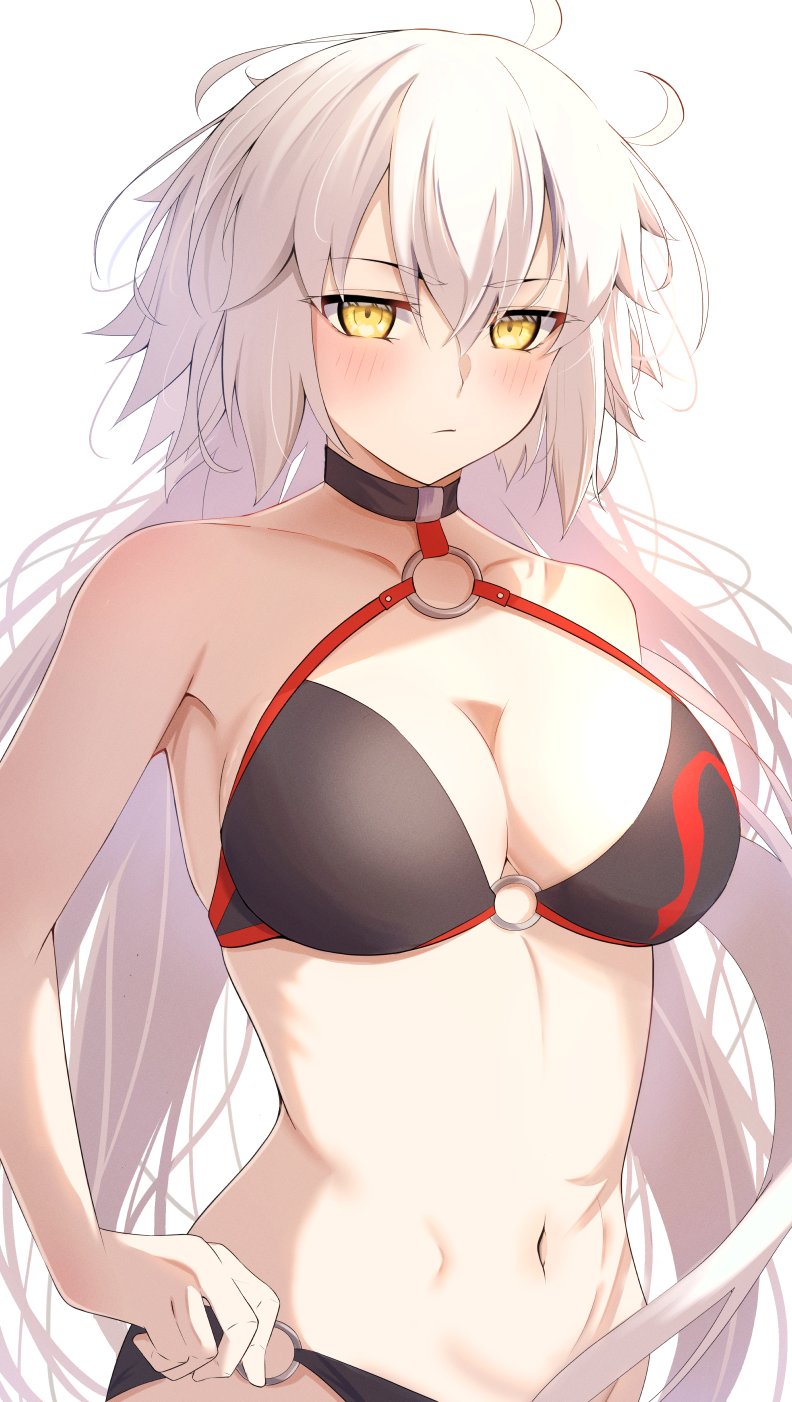 1girl ahoge bikini black_bikini blush breasts cleavage closed_mouth commentary_request fate/grand_order fate_(series) hair_between_eyes highres jeanne_d'arc_alter_(fate) jeanne_d'arc_alter_(swimsuit_berserker)_(fate) large_breasts long_hair looking_at_viewer navel o-ring o-ring_bikini official_alternate_costume simple_background solo stomach swimsuit umi_endu very_long_hair white_background white_hair yellow_eyes