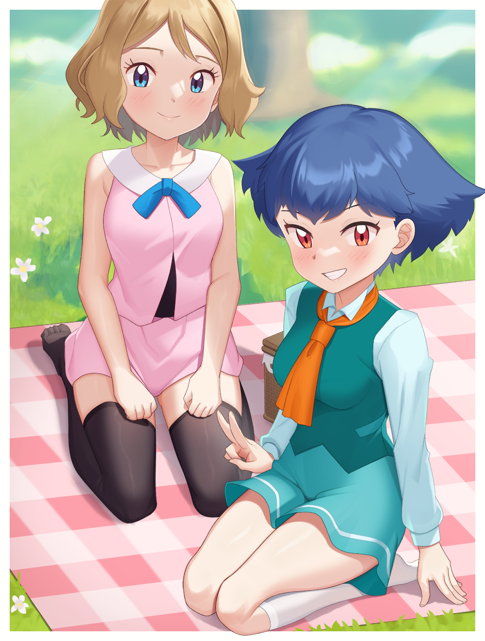 2girls blanket blonde_hair blue_eyes blue_hair blush closed_mouth collarbone day dress eyelashes flower gazing_eye grass green_skirt green_vest grin highres long_sleeves miette_(pokemon) mixed-language_commentary multiple_girls outdoors pink_dress pokemon pokemon_(anime) pokemon_xy_(anime) serena_(pokemon) shirt short_hair sitting skirt smile socks teeth thighhighs v vest white_flower white_socks