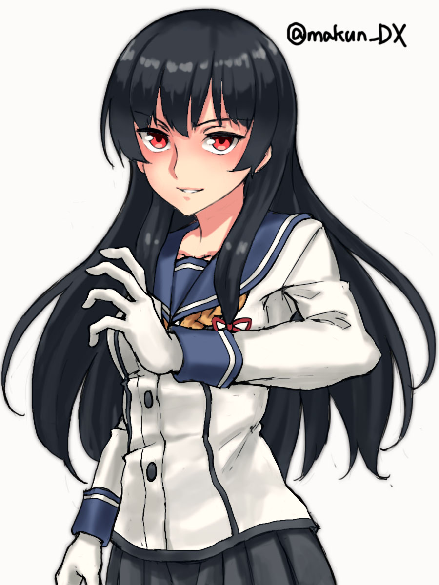 1girl black_hair blush breasts commentary_request dated gloves grey_skirt hair_ornament hair_ribbon highres isokaze_(kancolle) kantai_collection long_hair long_sleeves looking_at_viewer maakun_(makun_dx) neckerchief one-hour_drawing_challenge red_eyes ribbon school_uniform serafuku skirt smile solo tress_ribbon twitter_username upper_body white_background white_gloves yellow_neckerchief
