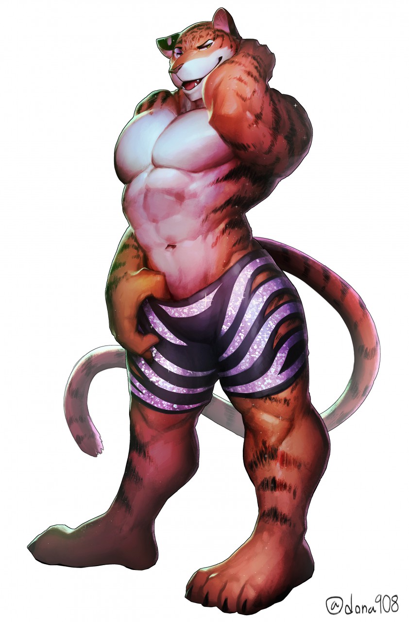 4_fingers 4_toes abs anthro armpits biceps big_muscles black_claws claws clothed clothing digitigrade disney dona908 feet feline fur hand_behind_head hi_res humanoid_feet humanoid_hands male mammal manly multicolored_fur muscular muscular_male navel orange_fur pecs pink_nose pose seductive simple_background smile solo standing striped_fur stripes stripper_tiger_(zootopia) tiger toe_claws toes topless two_tone_fur white_background white_fur yellow_eyes zootopia zootopia_shorts