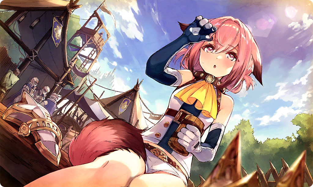 1girl 3others :o animal_ears ascot bare_shoulders beer_mug belt blue_gloves blue_sky brown_belt brown_collar cloud collar commentary_request cup dare_ga_tame_no_alchemist day double-parted_bangs floppy_ears gloves hand_on_own_head helm helmet holding holding_cup mug multiple_others official_art outdoors pink_hair purple_eyes shirt shorts sitting sky solo_focus third-party_source two-sided_gloves white_gloves white_shirt white_shorts yagura_(platform) yellow_ascot yura_(dare_ga_tame_no_alchemist)