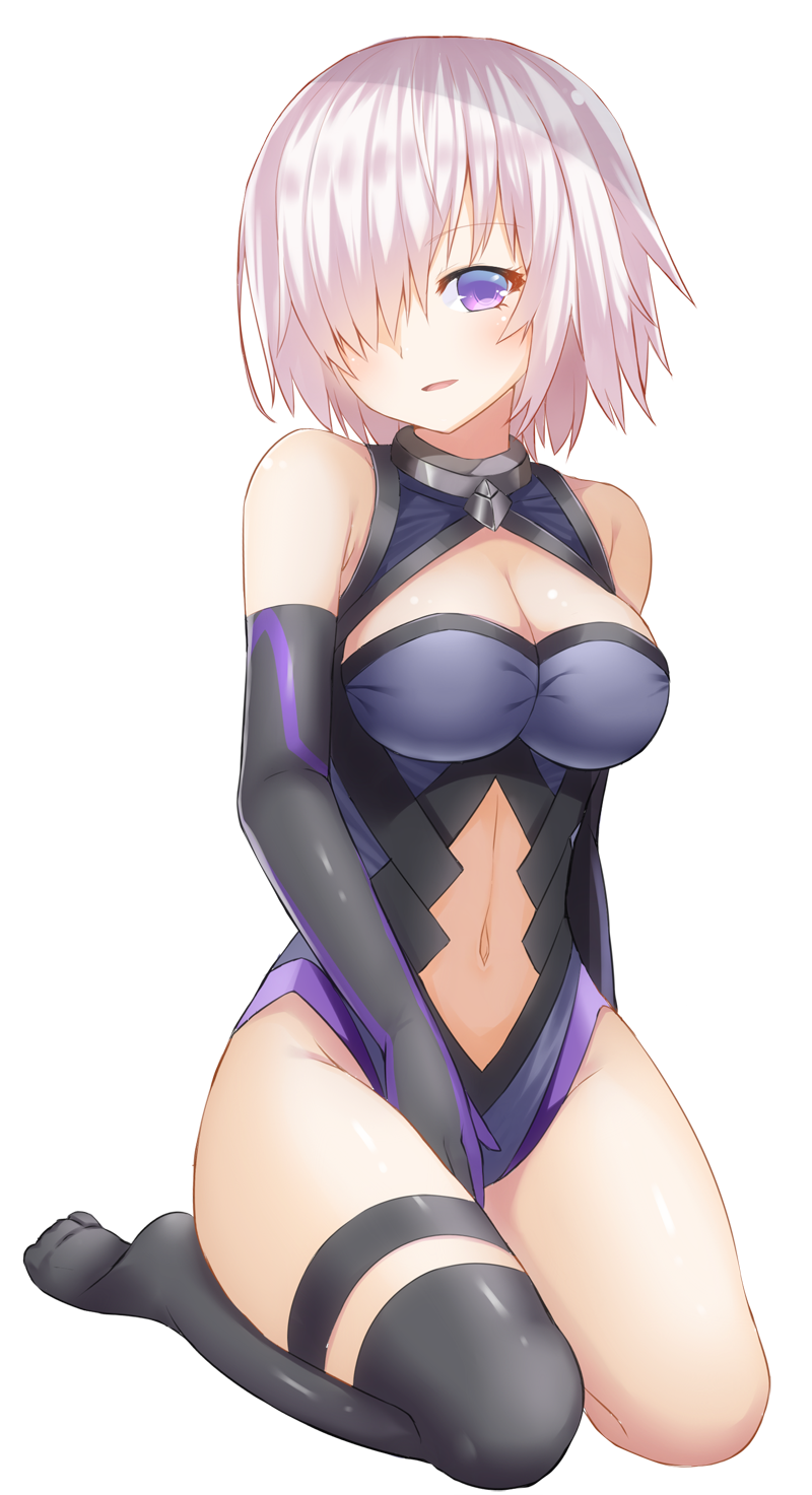 bad_id bad_pixiv_id bangs between_legs black_gloves black_legwear black_leotard blush breasts cleavage commentary_request elbow_gloves eyebrows_visible_through_hair fate/grand_order fate_(series) full_body gloves hair_over_one_eye hand_between_legs highres large_breasts lavender_hair leotard looking_at_viewer mash_kyrielight navel navel_cutout parted_lips purple_eyes seiza shimo_(shimo_00) short_hair simple_background single_thighhigh sitting smile solo thigh_strap thighhighs thighs white_background