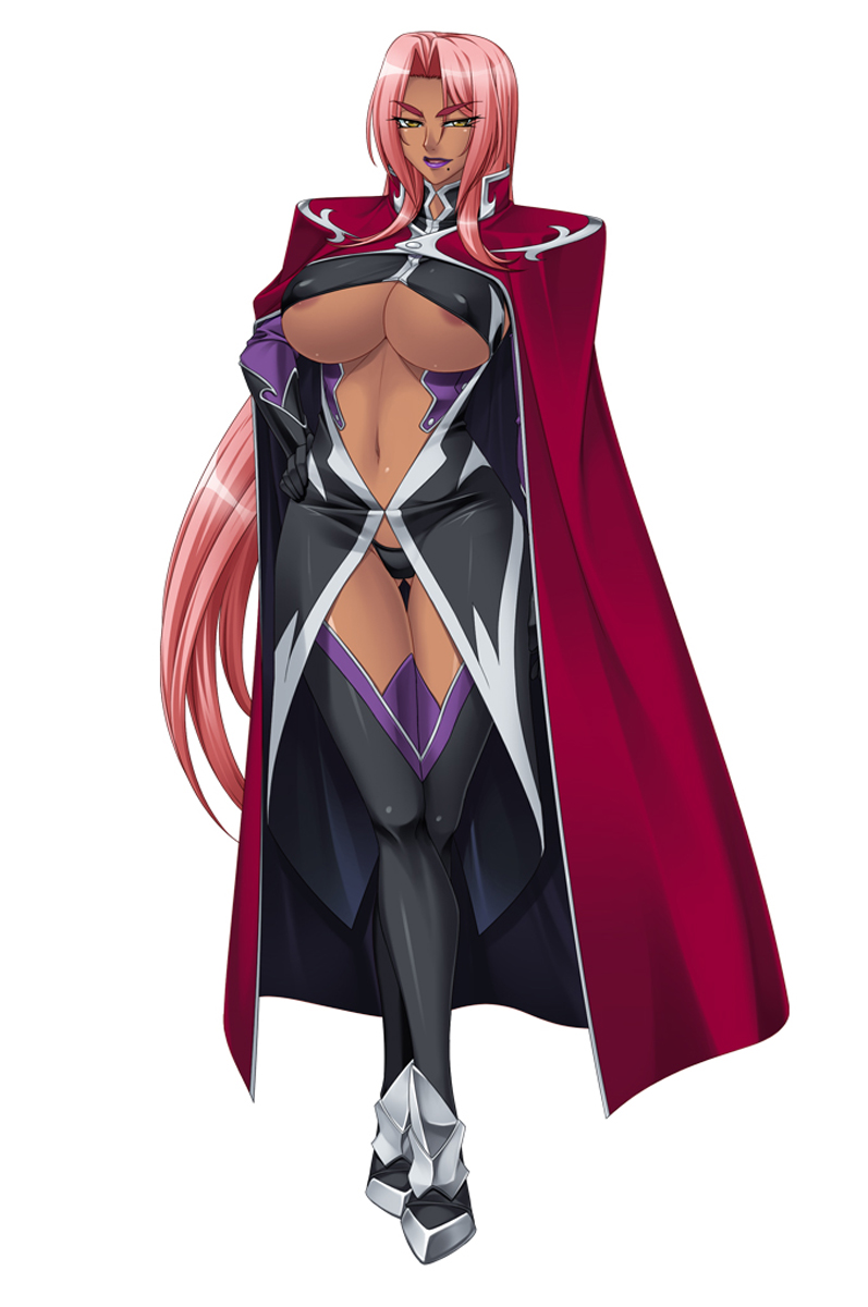 1girl areola_slip areolae black_panties boots breasts cape character_sheet dark_skin elbow_gloves erect_nipples expressionless female floating_hair full_body game_cg gloves hair_intakes hand_on_hip hands head_tilt holding ingrid_(taimanin_asagi) kagami_hirotaka large_breasts leaning_forward legs legs_crossed lilith-soft lipstick long_hair looking_at_viewer makeup mole navel no_bra panties parted_lips pink_hair shiny shiny_clothes shiny_hair shiny_skin simple_background standing standing_on_one_leg taimanin_(series) taimanin_asagi taimanin_asagi_3 taimanin_murasaki thigh_boots thigh_gap thighhighs thighs underboob underwear very_long_hair wallpaper white_background yellow_eyes