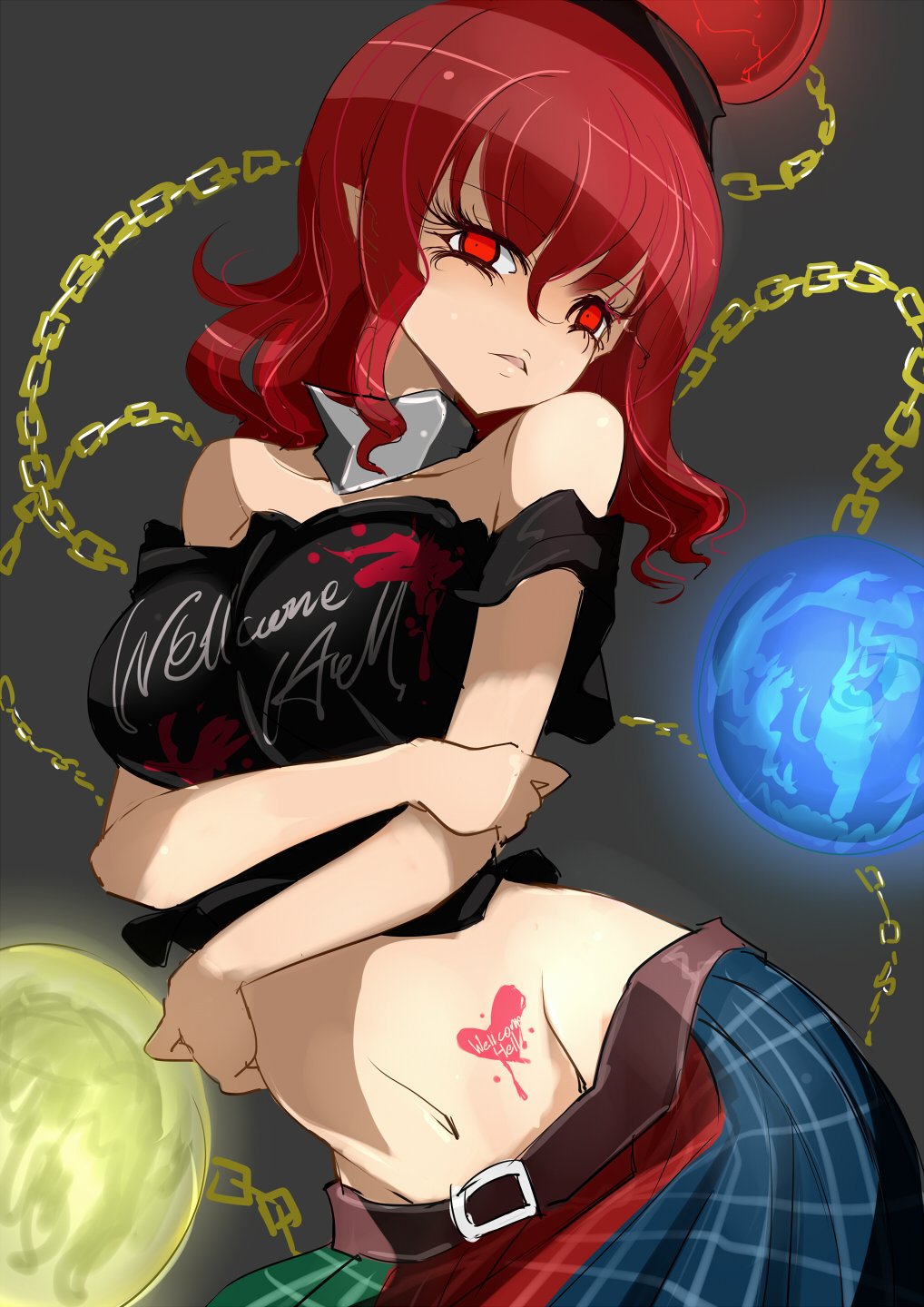 arm_around_waist bad_anatomy bangs belt black_shirt breasts chain clothes_writing collar crop_top disgust earth_(ornament) frown glowing gold_chain hair_between_eyes half-closed_eye hand_on_own_arm hecatia_lapislazuli highres hips holding_arm looking_at_viewer medium_breasts metal_collar midriff moon_(ornament) multicolored multicolored_clothes multicolored_skirt navel off-shoulder_shirt open_mouth plaid plaid_skirt pointy_ears polos_crown raptor7 red_eyes red_hair shaded_face shiny shiny_hair shiny_skin shirt short_hair sideways_glance skirt solo tattoo touhou upper_body