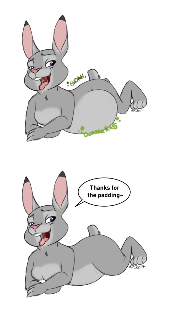 ambiguous_gender anthro chubbyjam digestion disney english_text female female/ambiguous female_pred happy_pred invalid_tag judy_hopps lagomorph looking_back lying mammal overweight post_vore rabbit saliva signature simple_background teeth text throat tongue video_games vore weight_gain zootopia
