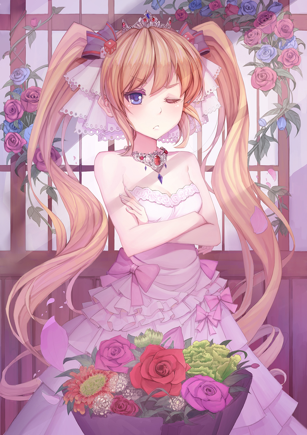 &gt;:( ;( andrea_doria_(zhan_jian_shao_nyu) bangs bare_arms bare_shoulders black_ribbon blonde_hair blue_eyes blue_flower blue_rose bouquet bow closed_mouth cowboy_shot crossed_arms dice dress eyebrows_visible_through_hair fingernails flower frown hair_ornament hair_ribbon highres jewelry lace_trim long_dress long_hair looking_at_viewer necklace one_eye_closed petals pink_bow pink_flower pink_rose plant pout red_flower red_rose ribbon rose shade solo strapless strapless_dress tiara tsundere twintails v-shaped_eyebrows very_long_hair vines youxuemingdie zhan_jian_shao_nyu