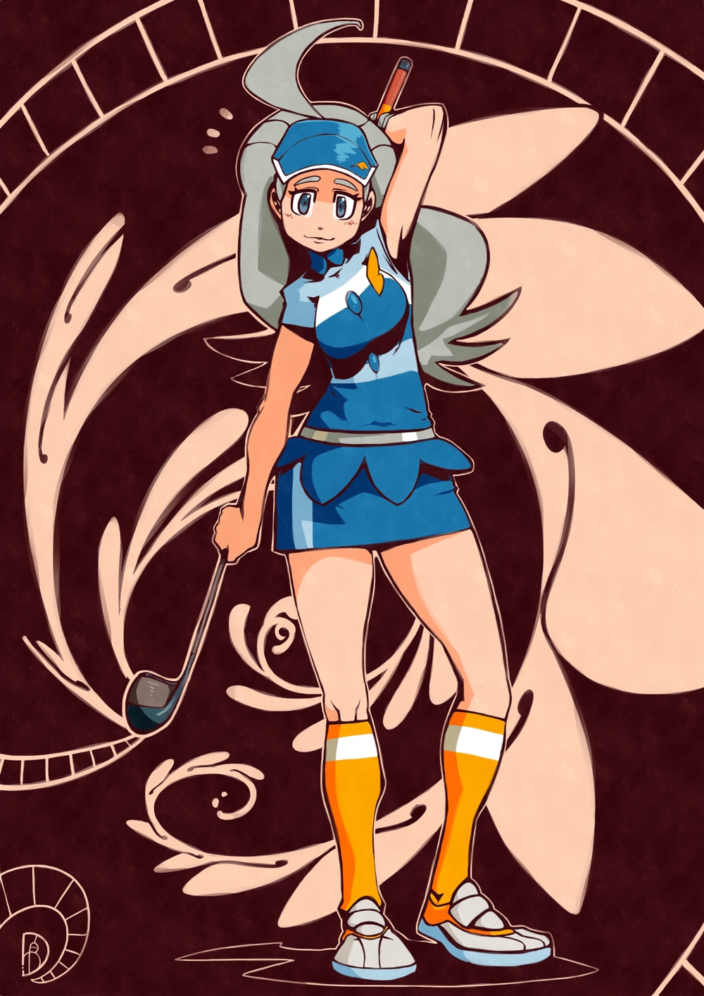 1girl ahoge arm_up badge bare_arms blue_eyes blue_hat blue_skirt breasts chawalit_adsawawalanon closed_mouth elite_four feathers golf_club grey_hair hat highres holding holding_golf_club kahili_(pokemon) kneehighs long_hair looking_at_viewer medium_breasts miniskirt orange_legwear outline pencil_skirt pokemon pokemon_(game) pokemon_sm shirt shoes short_sleeves skirt smile solo standing striped striped_shirt visor_cap white_footwear