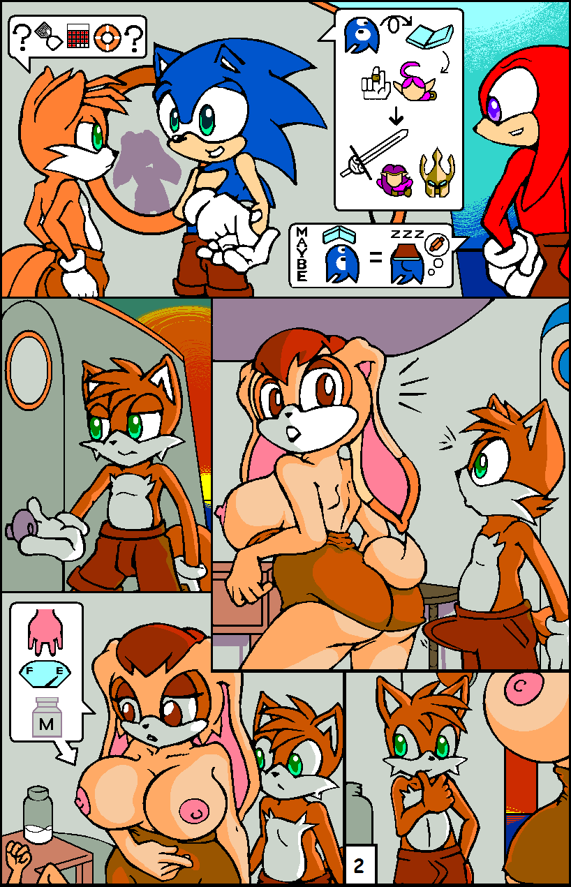 2017 animated anthro areola big_breasts breasts bulge canine clothed clothing comic echidna erect_nipples erection erection_under_clothes female fox group hedgehog huge_breasts knuckles_the_echidna lagomorph male mammal miles_prower monotreme nipples rabbit skimpy sonic_(series) sonic_the_hedgehog terrenslks undressing vanilla_the_rabbit