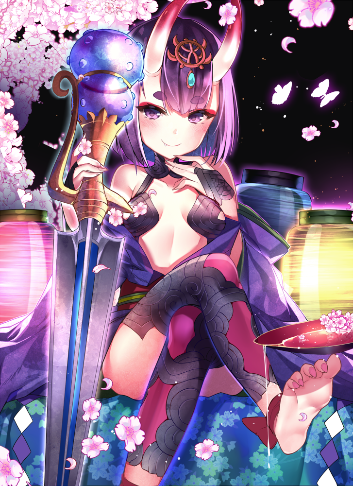 balancing barefoot blush breasts breasts_apart bug butterfly cherry_blossoms closed_mouth collarbone crossed_legs cup eyebrows_visible_through_hair eyeshadow fang_out fate/grand_order fate_(series) feet fingernails gendo0032 glowing glowing_horns head_tilt horns insect japanese_clothes kimono lantern long_fingernails looking_at_viewer makeup medium_breasts obi off_shoulder oni oni_horns open_clothes open_kimono paper_lantern petals purple_eyes purple_hair sakazuki sash sharp_fingernails short_hair shuten_douji_(fate/grand_order) sitting smile solo thick_eyebrows toe_scrunch toes