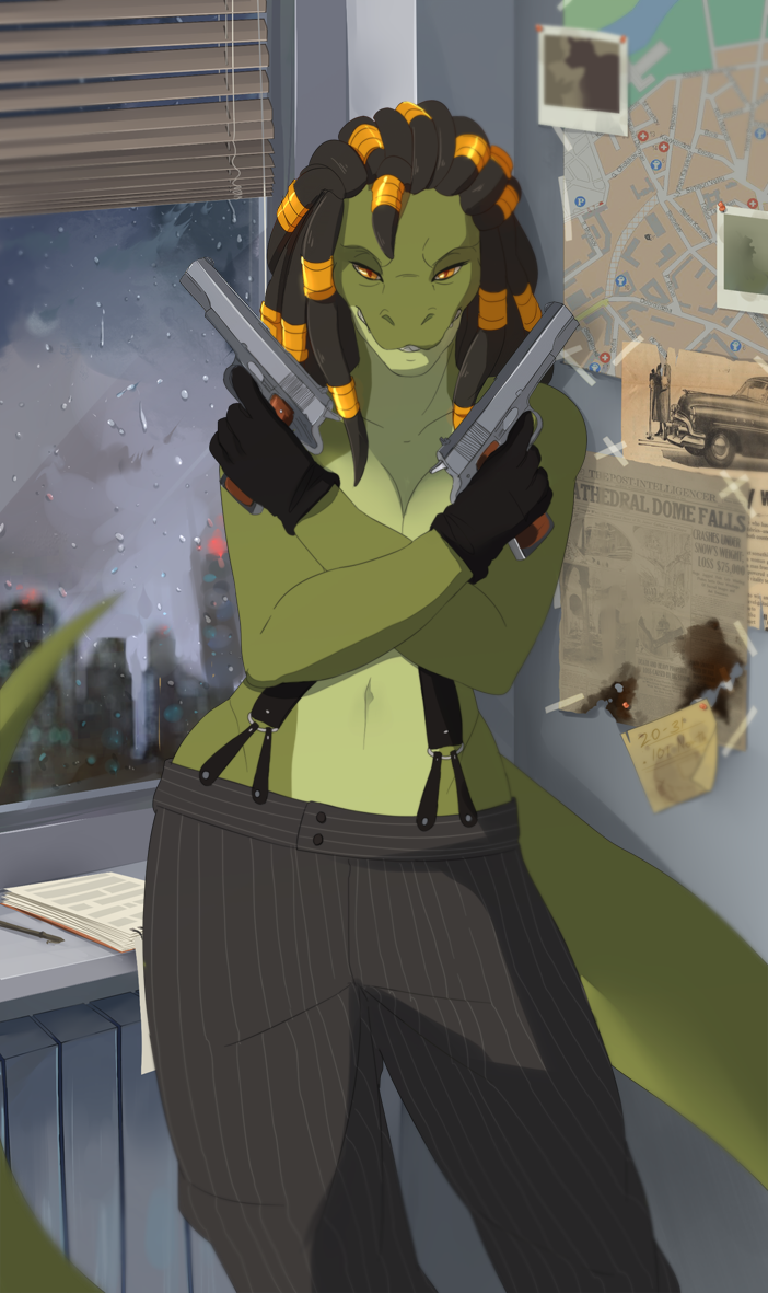 anthro clothed clothing dreadlocks female fjorge gun handgun ikshun inside looking_at_viewer pistol ranged_weapon reptile scalie smile snake solo standing suspenders topless weapon wide_hips