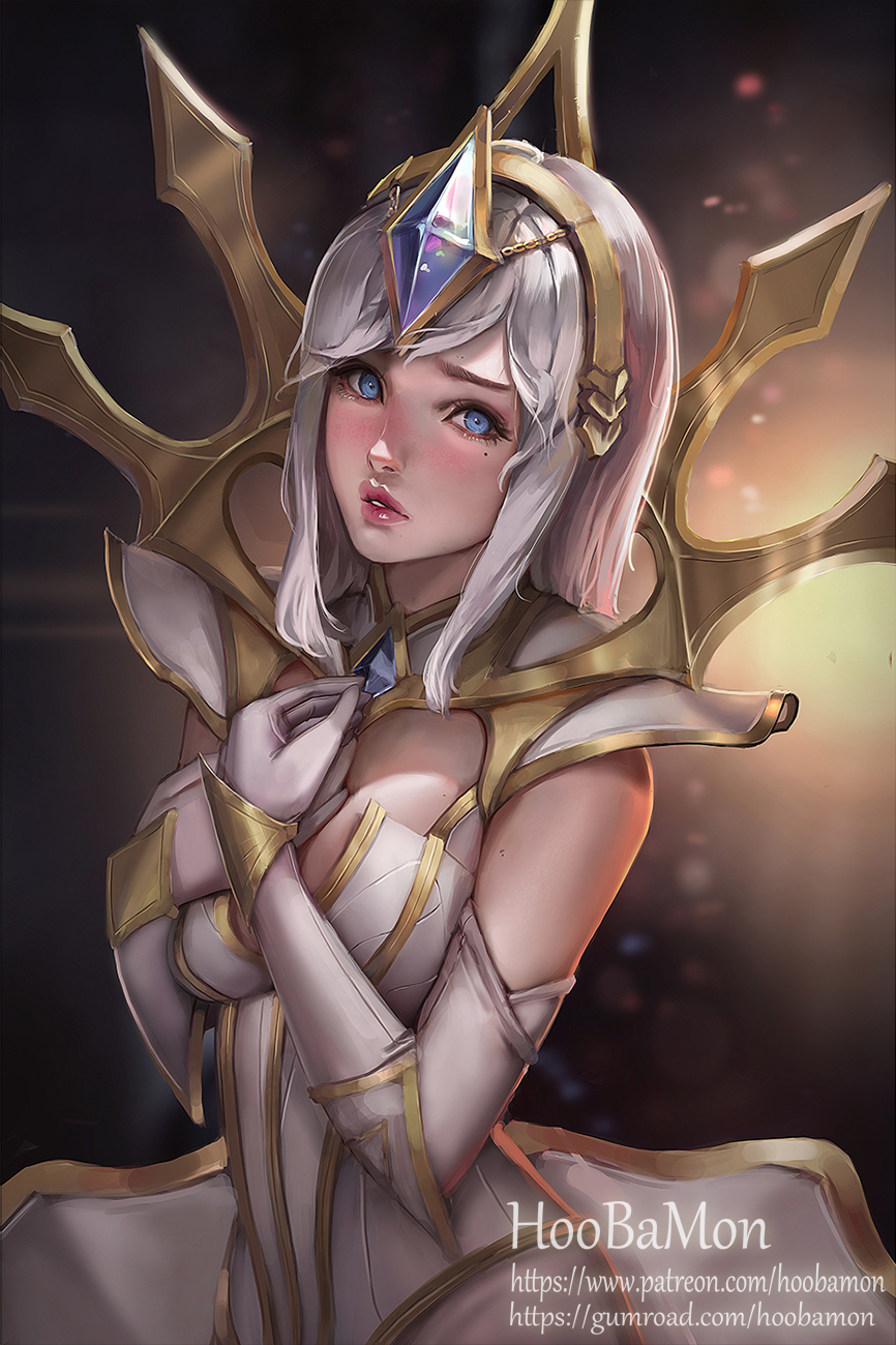 artist_name blue_eyes breasts cleavage elbow_gloves elementalist_lux freckles gem gloves gold gumroad_username hands_on_own_chest highres hoo_bamon league_of_legends light_elementalist_lux lips long_hair looking_at_viewer luxanna_crownguard medium_breasts mole mole_under_eye nose patreon_username realistic silver_hair solo watermark web_address white_gloves