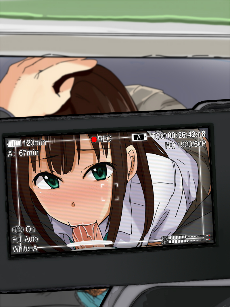 1boy 1girl brown_hair camera fellatio filming green_eyes hands_on_another's_head idolmaster idolmaster_cinderella_girls norimaki_(haru_koubou) oral penis pov recording school_uniform shibuya_rin uncensored