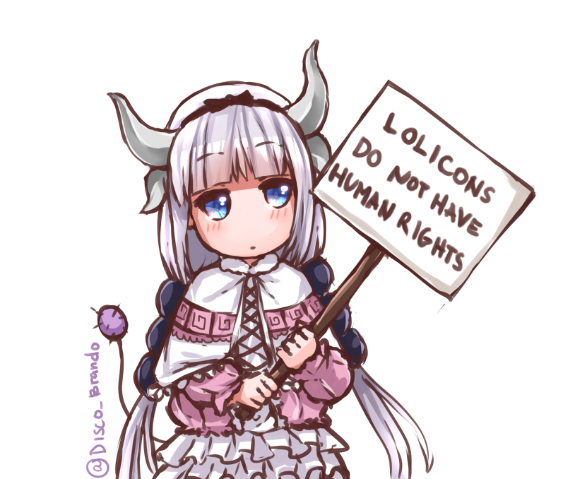 bangs beads blue_eyes blunt_bangs capelet disco_brando dragon_girl english gradient_hair hair_beads hair_ornament hairband holding holding_sign horns kanna_kamui kobayashi-san_chi_no_maidragon lavender_hair long_hair low_twintails meme multicolored_hair pedophile placard sign solo tail truth twintails twitter_username very_long_hair