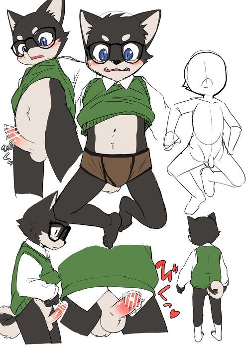 anthro balls barefoot blush bottomless briefs bulge canine censored circumcised clothed clothing clothing_lift cub dog embarrassed erection eyewear feet front_view glasses humanoid_feet kemono legwear little_brother_(marimo) little_brother_(marimo)sweater_vest looking_down male mammal manmosu_marimo penis rear_view shirt shirt_lift sketch_page socks sound_effects standing underwear young