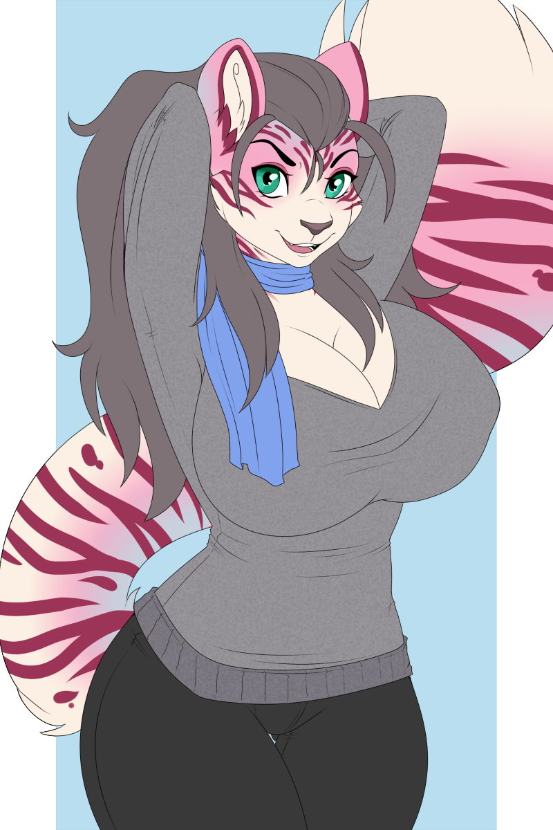 anthro big_breasts breasts feline female huge_breasts kammymau looking_at_viewer mammal nipple_bulge open_mouth overweight scarf smile solo