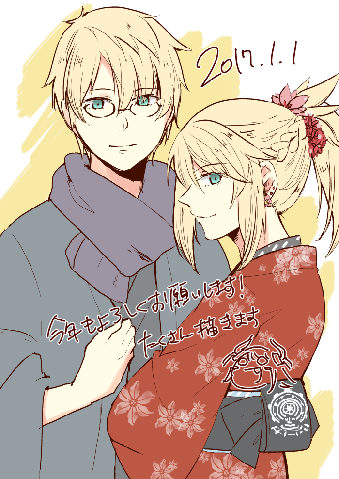 1girl blonde_hair fate/apocrypha fate/grand_order fate/prototype fate/prototype:_fragments_of_blue_and_silver fate_(series) glasses green_eyes japanese_clothes jekyll_and_hyde_(fate) kimono long_hair looking_at_viewer mordred_(fate) mordred_(fate)_(all) ponytail short_hair smile sooru0720