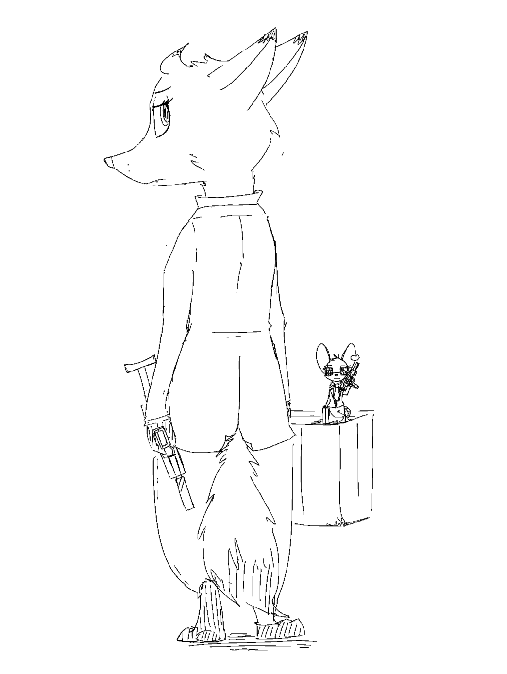 anthro briefcase canine clothed clothing disney duo ear_piercing eyewear fan_character female fox frown gun looking_at_viewer looking_back mammal melody_micely_(zootopia) monochrome mouse piercing ranged_weapon rodent rosie_(zootopia) size_difference smile submachine_gun suit sunglasses weapon zhan zootopia