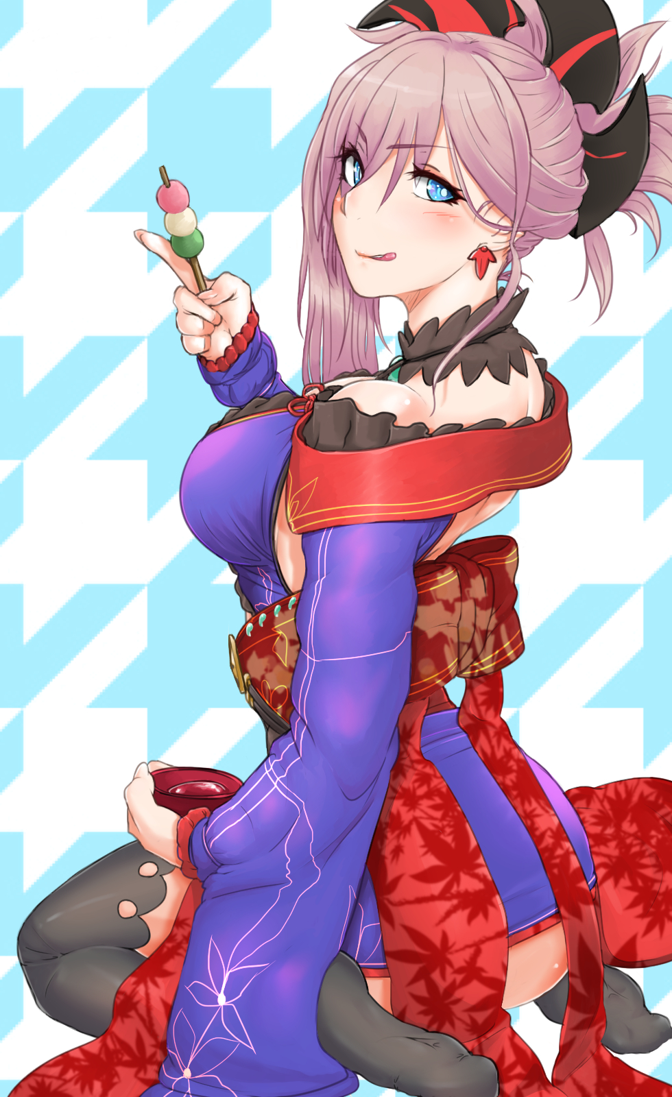 ass asymmetrical_hair bare_shoulders black_legwear blue_eyes blush breasts cup dango earrings fate/grand_order fate_(series) floral_print food hair_ornament highres japanese_clothes jewelry kimono large_breasts licking_lips long_sleeves looking_at_viewer miyamoto_musashi_(fate/grand_order) nossari ponytail sakazuki sash smile solo thighhighs tongue tongue_out wagashi