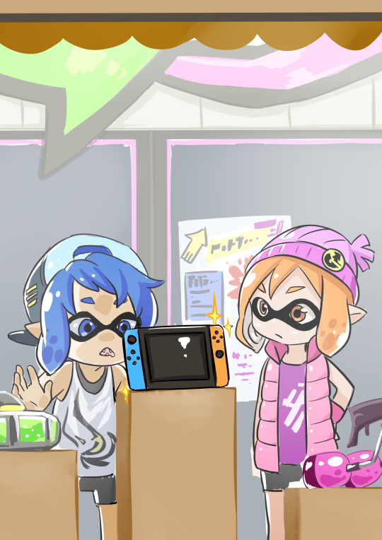 1girl against_glass baseball_cap beanie bike_shorts black_shorts blue_eyes blue_hair commentary domino_mask english_commentary expressionless fangs flat_color hand_on_back handheld_game_console hat inkling joy-con mask nintendo nintendo_switch open_mouth orange_eyes orange_hair pink_hat pointy_ears shirt short_eyebrows shorts sketch sleeveless sparkle splatoon_(series) splatoon_2 standing storefront tentacle_hair thick_eyebrows waha_(artist) wristband