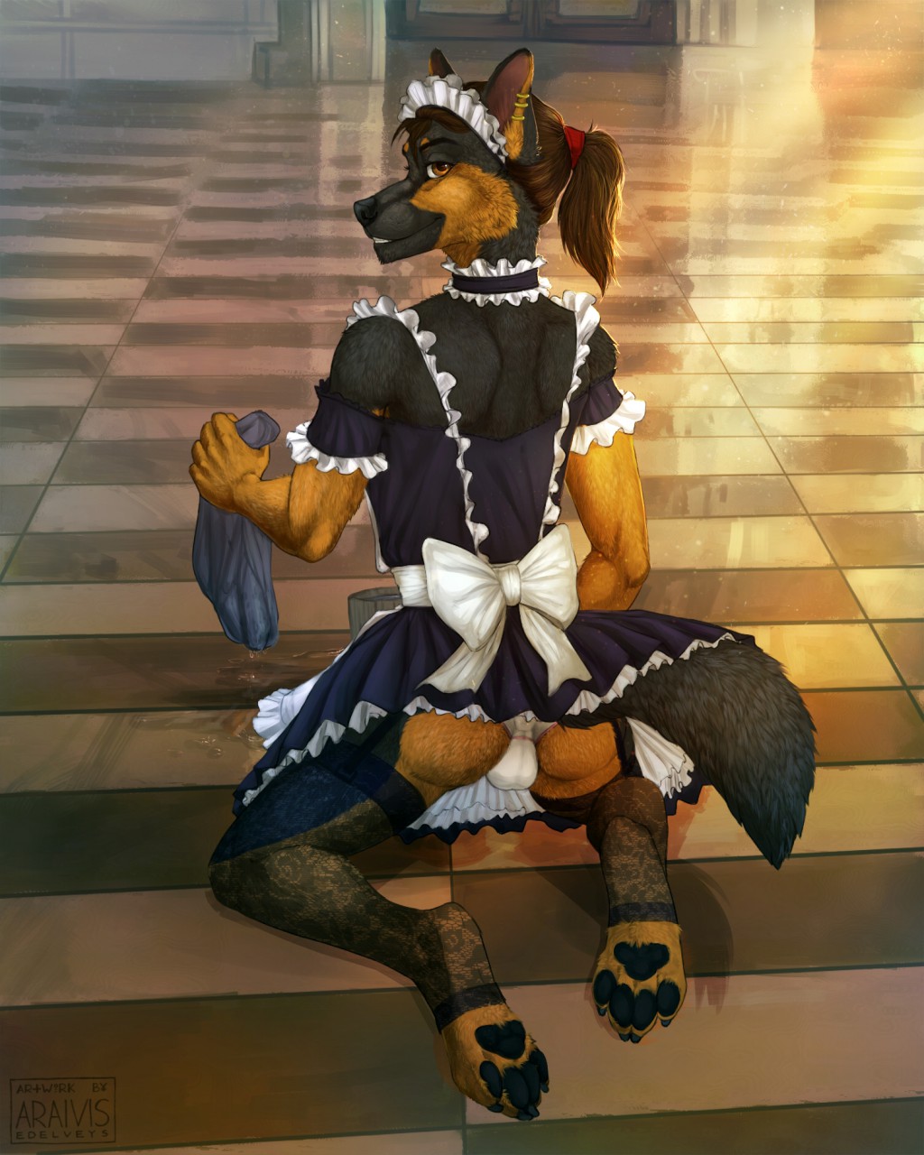 anthro araivis-edelveys brown_eyes butt canine clothed clothing crossdressing dog dress ear_piercing fluffy fluffy_tail from_behind_position german_shepherd hair legwear lingerie looking_at_viewer male mammal panties paws piercing ponytail raven_(bloodravenx) sex skirt solo stockings thigh_highs underwear uniform upskirt