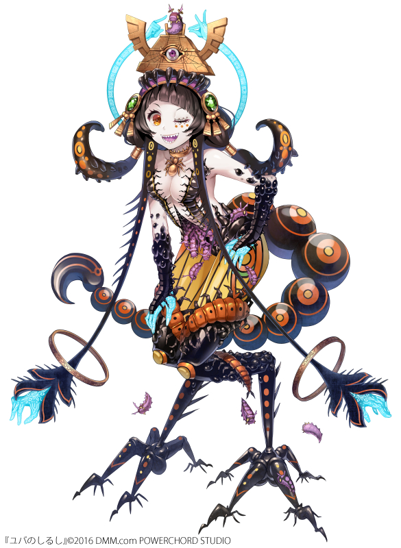 breasts brown_hair bug carapace centipede character_request choker cleavage full_body hair_ornament hand_on_own_knee hat insect jewelry medium_breasts monster_girl multiple_arms one_eye_closed orange_eyes pale_skin sharp_teeth smile solo tail taranbo teeth tentacle_hair tentacles watermark yuba_no_shirushi