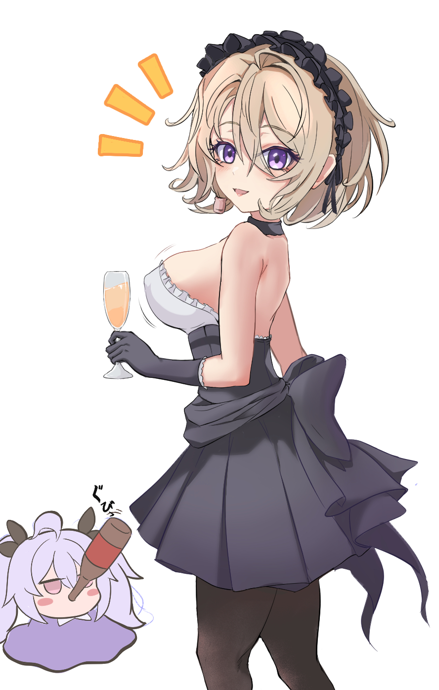 2girls ahoge alcohol azur_lane beer_bottle black_gloves black_pantyhose black_skirt blonde_hair blush breasts champagne champagne_flute chibi chibi_inset commentary_request cup drinking drinking_glass feet_out_of_frame gloves hair_between_eyes headdress high-waist_skirt highres laffey_(azur_lane) large_breasts long_bangs looking_at_viewer looking_to_the_side multiple_girls notice_lines official_alternate_costume open_mouth pantyhose purple_eyes shiro_beer short_hair simple_background skirt smile white_background z23_(azur_lane) z23_(the_banquet's_honor_student)_(azur_lane)