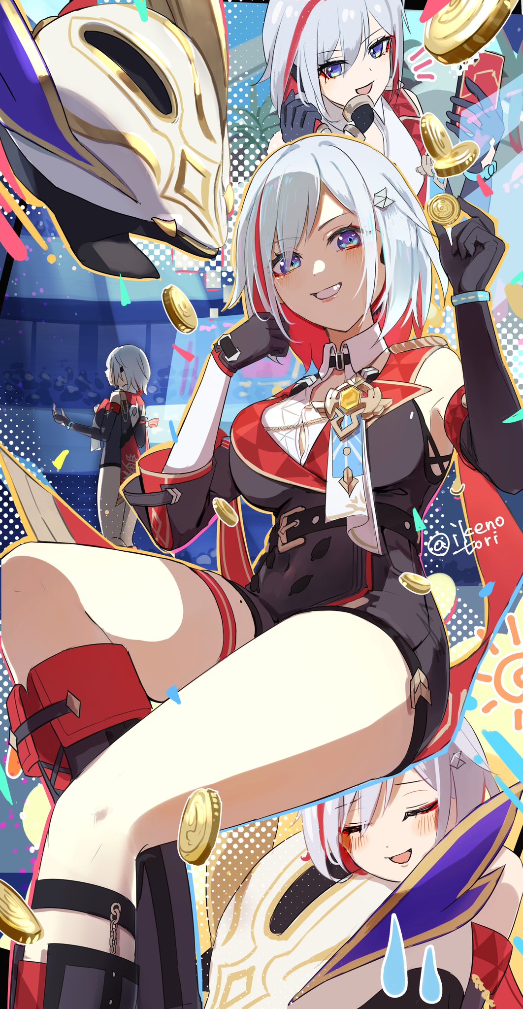 1girl belt bestiality black_belt black_gloves blue_eyes blush clenched_hand coin colored_inner_hair detached_sleeves elbow_gloves eyeshadow gloves gold_coin grey_hair grin hands_up highres holding holding_coin honkai:_star_rail honkai_(series) hug ikenotori looking_at_viewer makeup mole mole_on_thigh multicolored_hair multiple_views numby_(honkai:_star_rail) red_eyeshadow red_hair short_hair single_elbow_glove sleeveless smile sweatdrop symbol-shaped_pupils thigh_strap topaz_(honkai:_star_rail) trotter_(honkai:_star_rail) twitter_username