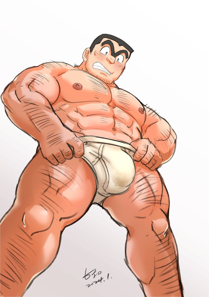 1boy abs arm_hair back_hair bara black_hair briefs bulge facial_hair feet_out_of_frame finger_under_clothes from_below hairy hikoero777 huge_eyebrows knuckle_hair kochikame leg_hair male_focus male_underwear mature_male muscular muscular_male mustache_stubble navel navel_hair nipples ryoutsu_kankichi short_hair solo standing stomach strongman_waist stubble thick_thighs thighs topless_male underwear unibrow white_male_underwear