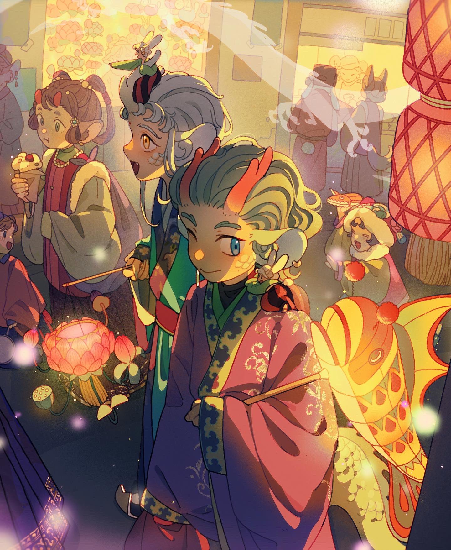 6+others ^_^ androgynous animal_ears antlers bead_necklace beads blue_eyes brown_hair chinese_clothes chinese_new_year closed_eyes commentary dragon ear_piercing eastern_dragon eating english_commentary festival floral_print food from_above fur-trimmed_headwear fur_trim green_hair grey_hair hair_rings hanfu highres holding holding_food holding_lantern horns jewelry jidu_que_mi_de_xiao_caocao lantern mini_person multiple_others necklace night one_eye_closed open_mouth original outdoors paper_lantern piercing scales scenery short_hair single_horn sitting sitting_on_head sitting_on_person smile standing yellow_eyes