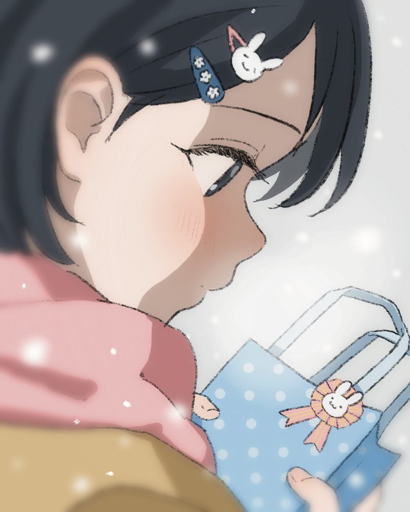 1girl bag black_eyes black_hair brown_coat close-up closed_mouth coat commentary hair_behind_ear hair_ornament hairclip holding holding_bag idolmaster idolmaster_cinderella_girls looking_at_object looking_down megabee_e outdoors pink_scarf polka_dot polka_dot_bag portrait rabbit_hair_ornament sasaki_chie scarf short_hair snowflakes snowing solo winter_clothes