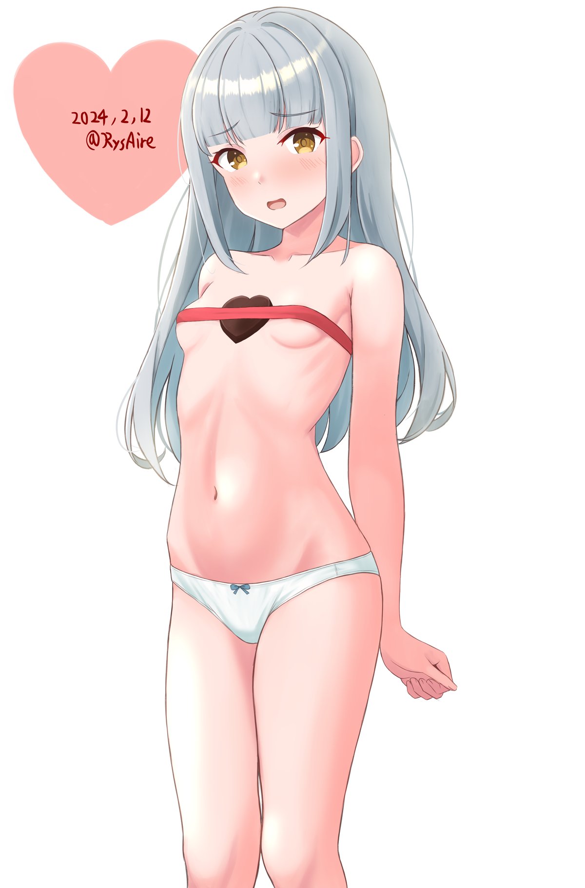 1girl ame-san blunt_bangs breasts brown_eyes candy chocolate covering_breasts covering_privates dated feet_out_of_frame food grey_hair hair_down heart heart-shaped_chocolate highres kantai_collection kasumi_(kancolle) long_hair panties red_ribbon ribbon simple_background small_breasts solo standing twitter_username underwear underwear_only white_background white_panties