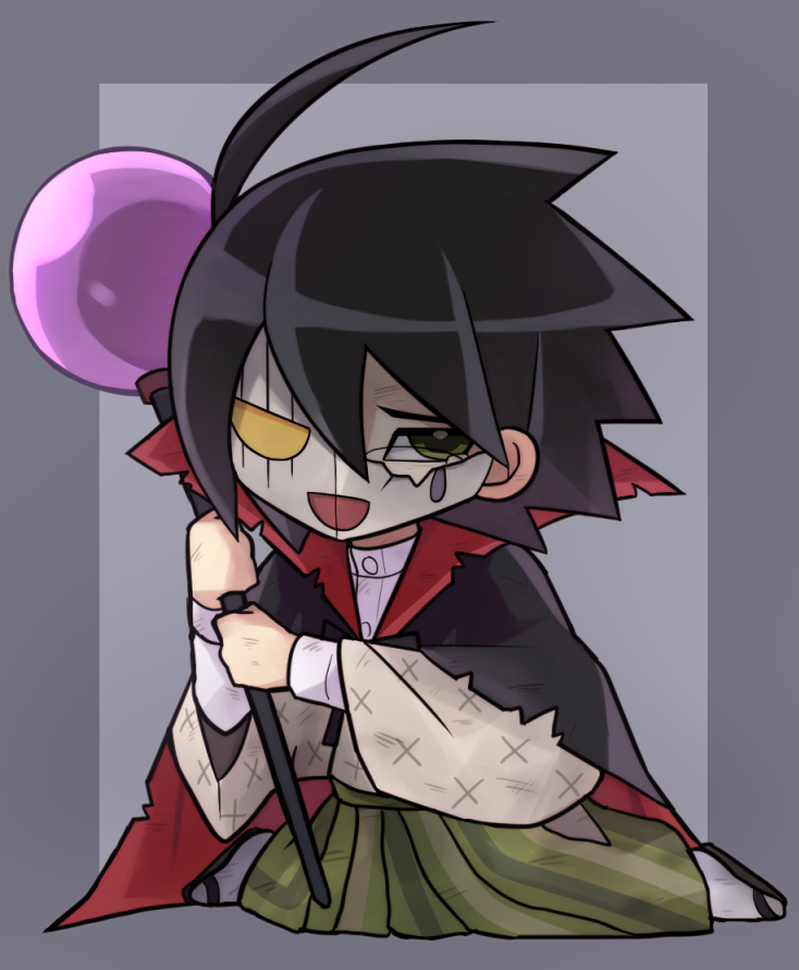 1boy black_cape black_hair broken_mask cape full_body green_eyes hair_between_eyes hakama holding holding_staff itoshiki_nozomu japanese_clothes long_sleeves looking_at_viewer magusagari male_focus mask sandals sayonara_zetsubou_sensei shirt shosei socks staff torn_cape torn_clothes white_shirt white_socks wide_sleeves