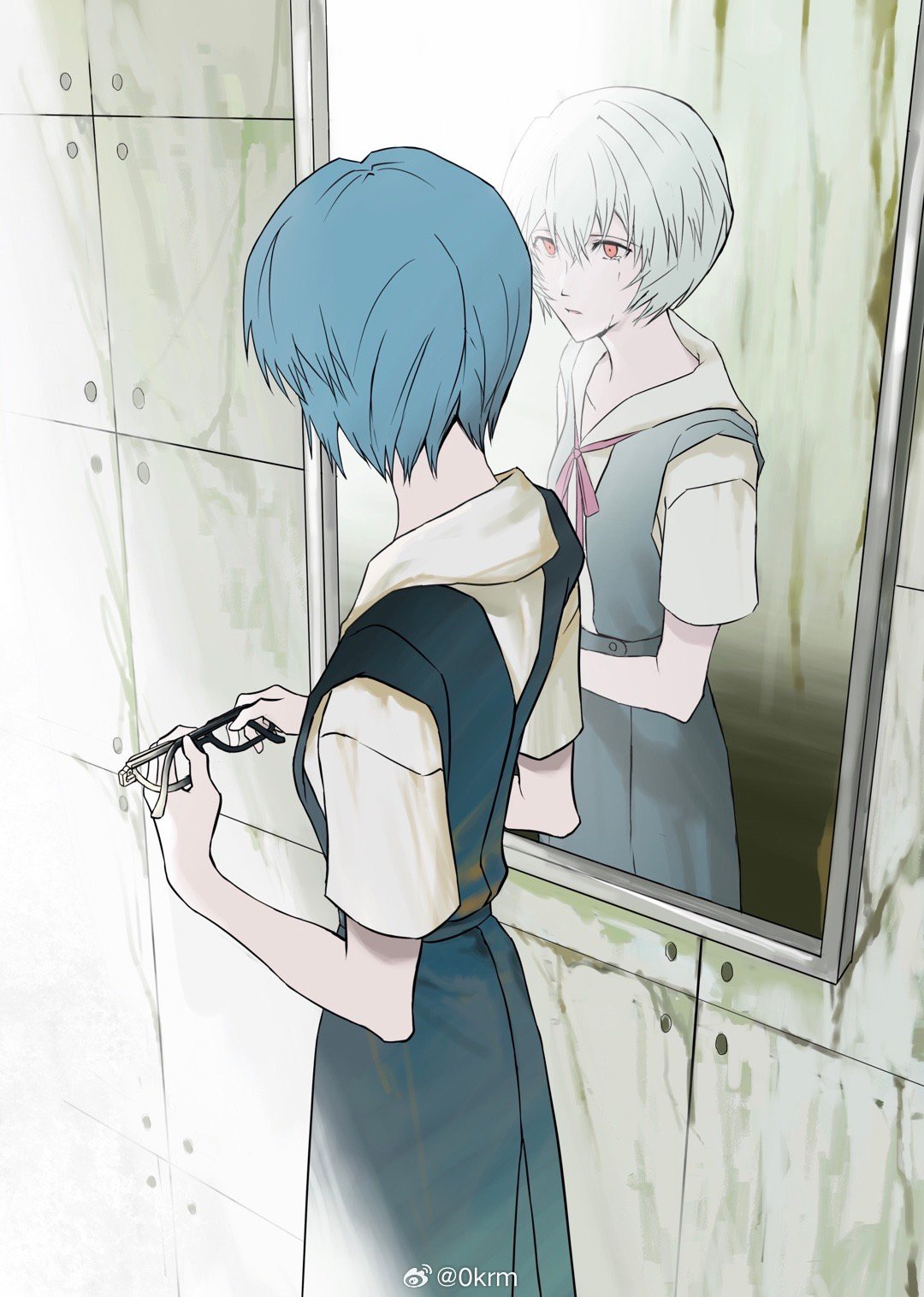 1girl ayanami_rei blue_dress blue_hair crying crying_with_eyes_open dress facing_away glasses hair_between_eyes highres holding holding_removed_eyewear indoors looking_at_mirror mirror neck_ribbon neon_genesis_evangelion orange_eyes parted_lips red_ribbon ribbon satoukrm shirt short_hair short_sleeves solo standing tears tile_wall tiles unworn_eyewear weibo_logo weibo_username white_shirt