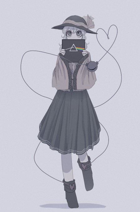 1girl black_footwear black_headwear boots buttons covered_mouth curly_hair diamond_(shape) diamond_button frilled_shirt frilled_sleeves frills green_skirt grey_eyes hair_between_eyes hat hat_ornament hat_ribbon heart heart_button holding komeiji_koishi long_sleeves looking_up messy_hair n0een prism rainbow ribbon shadow shirt simple_background skirt third-party_source third_eye touhou triangle white_background white_hair wide_sleeves yellow_ribbon yellow_shirt