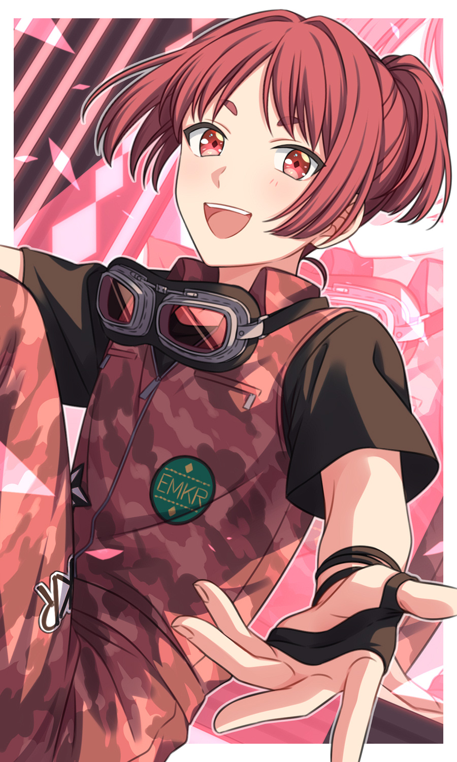 1boy black_gloves black_shirt border bracelet camouflage commentary_request cowboy_shot gloves goggles goggles_around_neck half_gloves highres jewelry jumpsuit knee_up looking_at_viewer male_focus multicolored_background on_air! onoya_azuki open_mouth red_background red_eyes red_hair red_jumpsuit sekina shirt short_hair short_ponytail short_sleeves smile solo