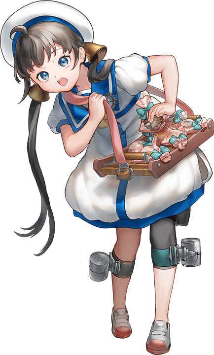 1girl ahoge black_hair blue_eyes blue_sailor_collar chocolate depth_charge dress full_body hair_ornament hat hozuka_(kadokawa) kaiboukan_no._22_(kancolle) kantai_collection long_hair low_twintails official_art sailor_collar sailor_dress sailor_hat short_sleeves solo transparent_background twintails white_dress white_headwear