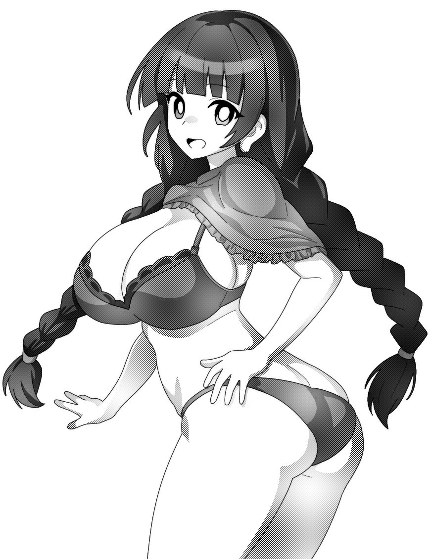 1girl ass bikini braid breasts cleavage commentary greyscale large_breasts long_hair looking_at_viewer monochrome onkn_sxkn open_mouth simple_background solo swimsuit touhou twin_braids yatadera_narumi