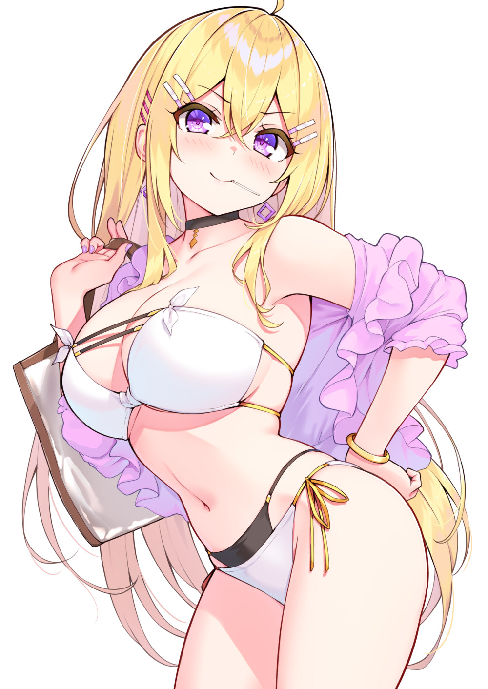 1girl ahoge armpits bag bare_shoulders bikini black_bikini black_choker blonde_hair bracelet breasts choker cleavage closed_mouth contrapposto cowboy_shot cu-no earrings hair_ornament hairclip hakurei_botan hand_on_own_hip hand_up highres hisen_kaede jacket jewelry large_breasts layered_bikini long_hair looking_at_viewer mouth_hold nail_polish navel off_shoulder open_clothes open_jacket original pink_jacket pink_nails purple_eyes shoulder_bag side-tie_bikini_bottom simple_background skindentation smile solo standing stomach strapless strapless_bikini string_bikini swimsuit thighs v-shaped_eyebrows very_long_hair white_background white_bikini