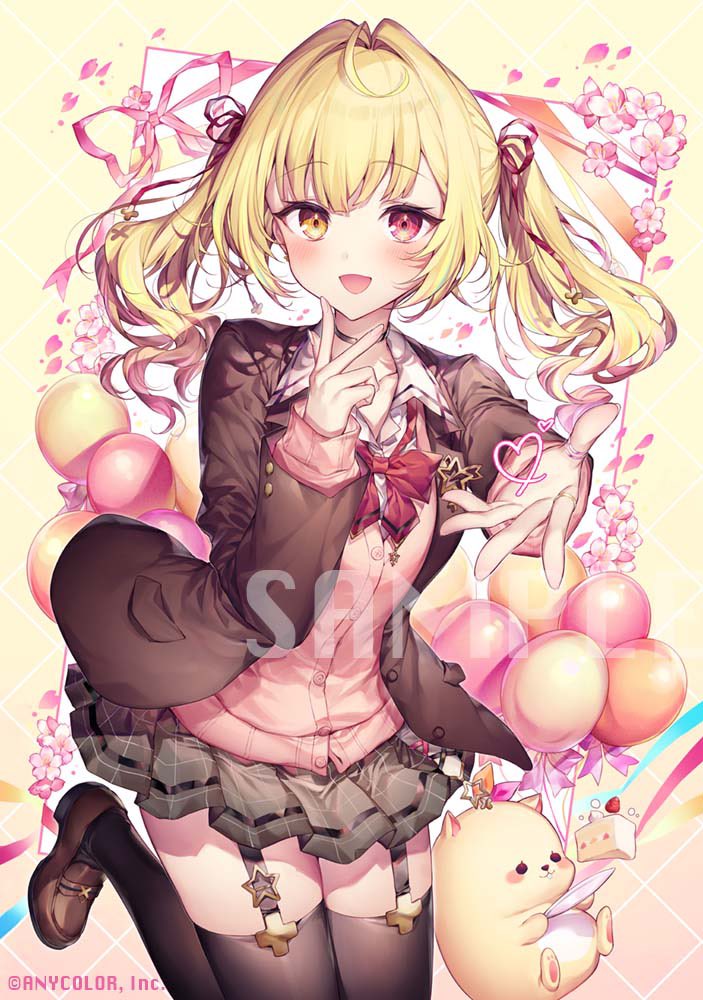 1girl :d ahoge alternate_costume alternate_hairstyle balloon black_choker black_garter_straps black_jacket black_skirt black_thighhighs blonde_hair blush bow bowtie brown_footwear cake cake_slice cardigan choker collared_shirt copyright_name dot_nose flower food fruit garter_straps gradient_background gradient_hair grid heart heterochromia hoshikawa_sara hoshikawa_sara_(4th_costume) jacket komeshiro_kasu loafers long_sleeves looking_at_viewer multicolored_hair nijisanji official_alternate_costume official_alternate_hairstyle official_art open_clothes open_jacket orange_eyes orange_hair outstretched_arm petals pink_cardigan pink_flower pink_petals pink_ribbon plaid plaid_skirt plate pleated_skirt red_bow red_bowtie red_eyes red_ribbon ribbon sample_watermark school_uniform shirt shoes skirt smile solo star_(symbol) strawberry streamers thighhighs twintails v virtual_youtuber watermark zettai_ryouiki