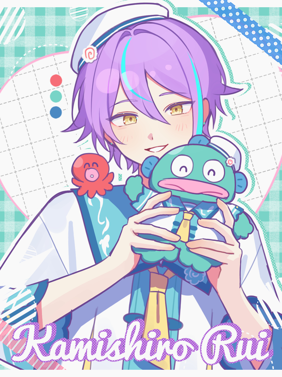 1boy animal animal_on_shoulder blue_hair blue_sailor_collar blush character_name closed_eyes color_guide commentary drop_shadow green_background grid_background hangyodon hat highres holding holding_animal kamishiro_rui kappa letterboxed looking_at_viewer male_focus multicolored_hair necktie octopus plaid plaid_background project_sekai purple_hair sailor_collar sailor_hat sanrio shirt streaked_hair waka_(wk4444) white_headwear white_shirt yellow_eyes yellow_necktie