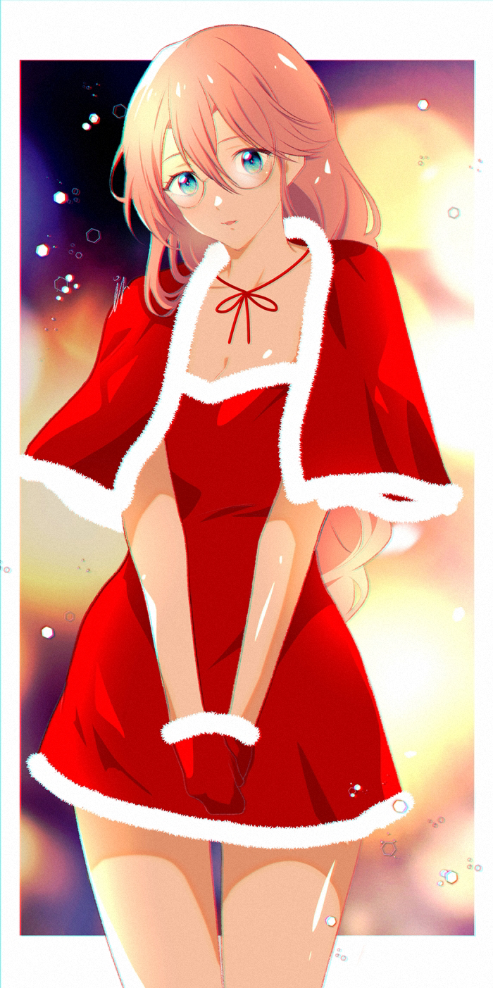 1girl blush capelet double-parted_bangs dress eiyuu_densetsu emma_millstein glasses gloves hair_between_eyes highres il_(il_suffered) long_hair looking_at_viewer pink_hair red_gloves santa_dress santa_gloves sen_no_kiseki sidelocks smile solo