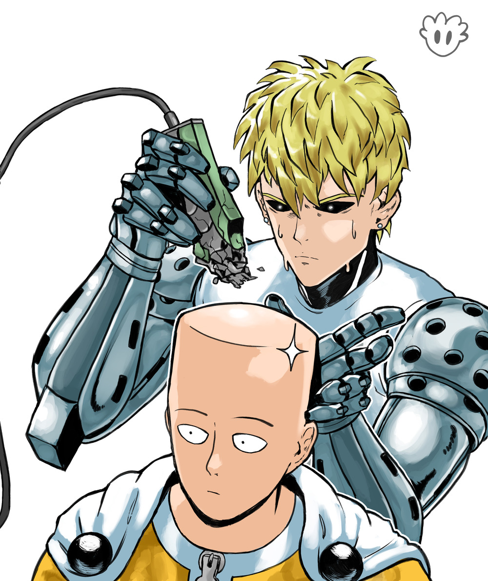 2boys anatomical_nonsense android bald black_sclera blonde_hair cape choso_giving_toudou_a_haircut_(meme) closed_mouth colored_sclera commentary devovas earrings electric_razor english_commentary expressionless genos jewelry male_focus meme multiple_boys one-punch_man saitama_(one-punch_man) short_hair simple_background sweat upper_body white_background white_cape