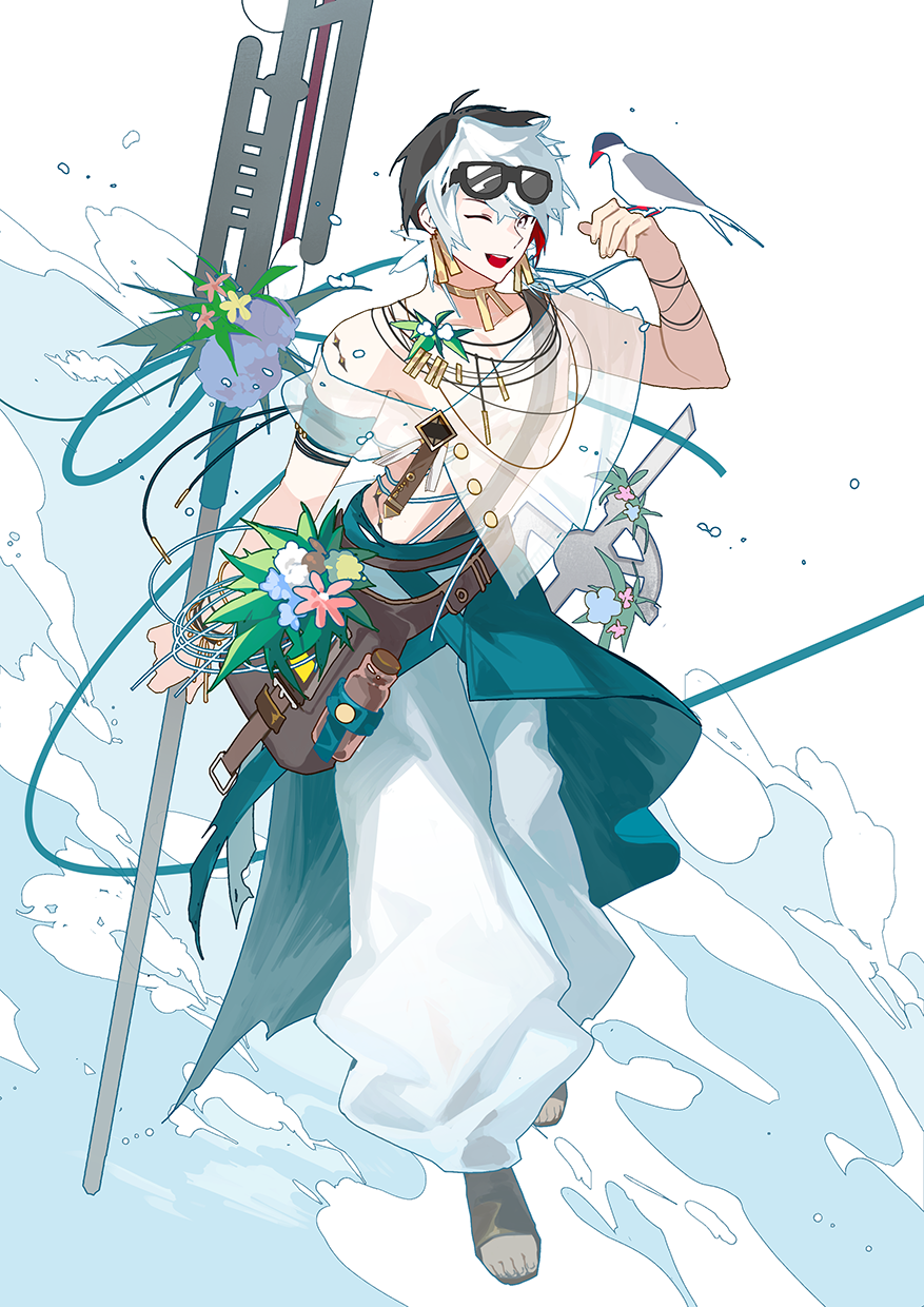 1boy animal_on_hand arknights bag belt bird black_hair blue_flower bottle brown_footwear commentary earrings elysium_(arknights) elysium_(shimmering_dew)_(arknights) eyewear_on_head feather_hair flower full_body grey_eyes hand_up highres holding holding_polearm holding_weapon jewelry looking_at_viewer male_focus multicolored_hair multiple_necklaces necklace nsi_(2312_0120) official_alternate_costume one_eye_closed open_mouth pants pink_flower polearm red_hair sandals see-through see-through_shirt simple_background smile solo spear sunglasses toeless_footwear waves weapon white_background white_flower white_hair white_pants