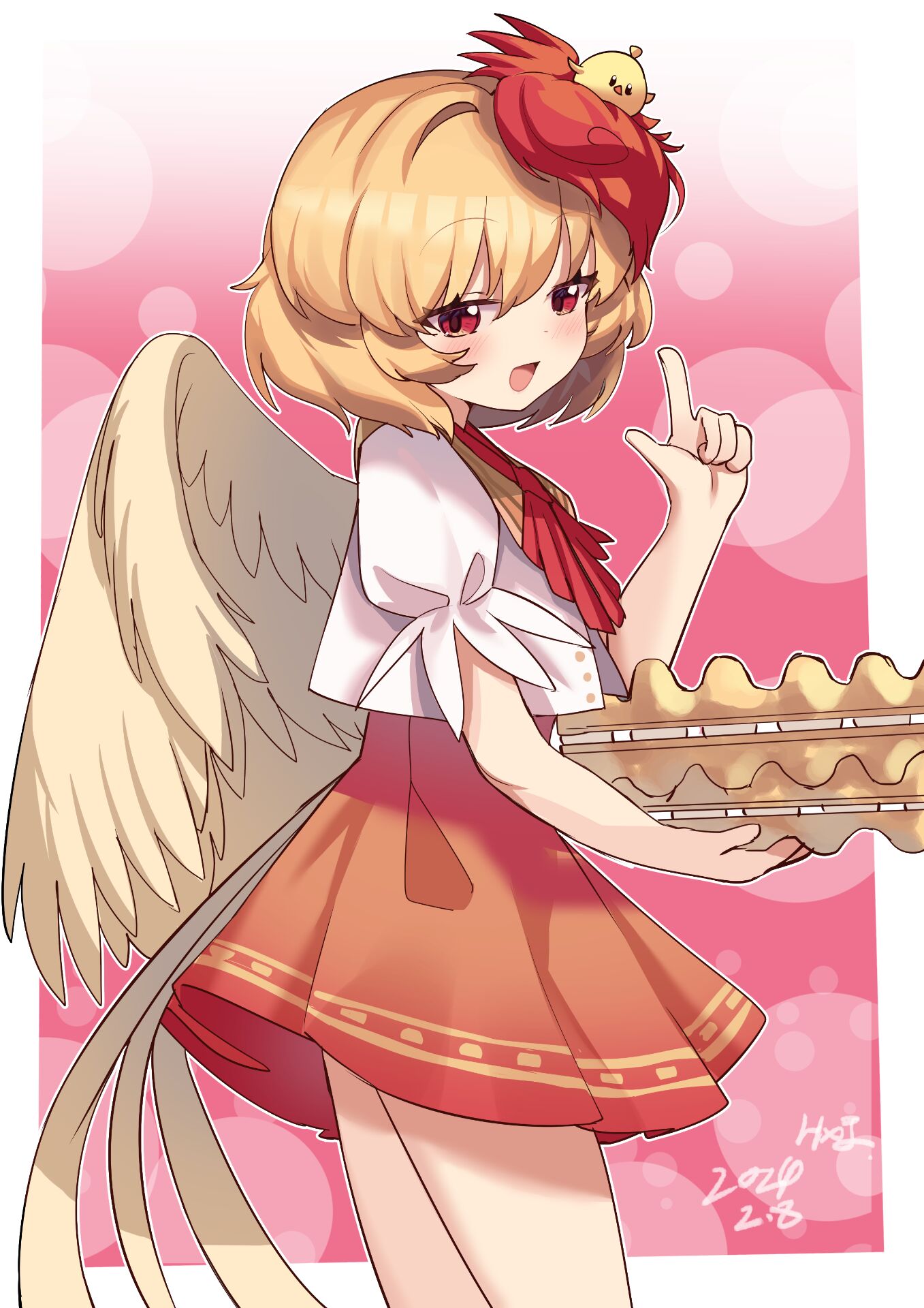 bird bird_tail bird_wings chick chicken egg highres hxj_(2324184595) looking_at_viewer multicolored_hair neck_ribbon niwatari_kutaka orange_skirt red_eyes ribbon shirt skirt tail touhou white_shirt wily_beast_and_weakest_creature wings