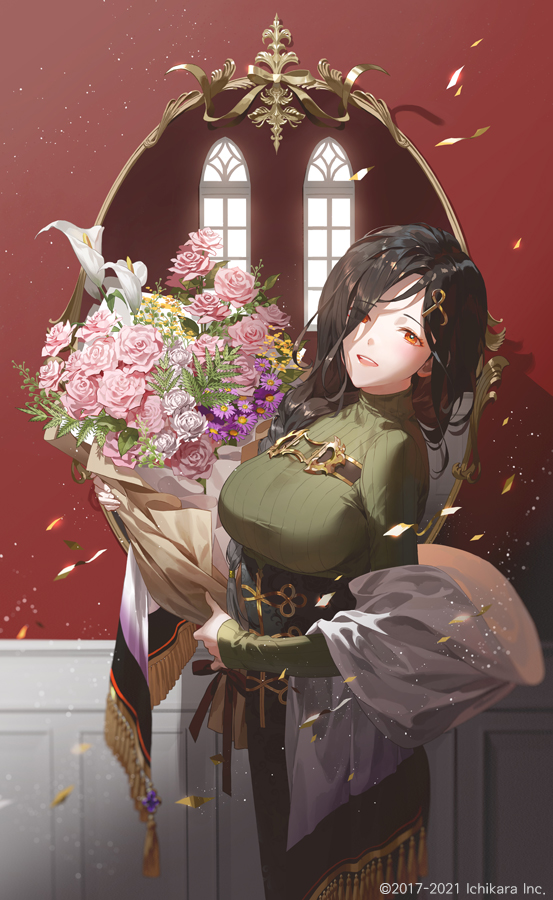 1girl black_corset black_hair black_skirt bouquet braid breasts confetti copyright_name corset fajyobore flower gradient_hair green_sweater grey_hair hair_ornament holding holding_bouquet large_breasts light_particles long_skirt looking_at_viewer mirror multicolored_hair nijisanji official_art open_mouth orange_eyes pink_flower purple_flower ribbed_sweater rose shawl shirayuki_tomoe shirayuki_tomoe_(1st_costume) single_braid skirt solo standing streamers sweater teeth tongue virtual_youtuber white_flower white_shawl window