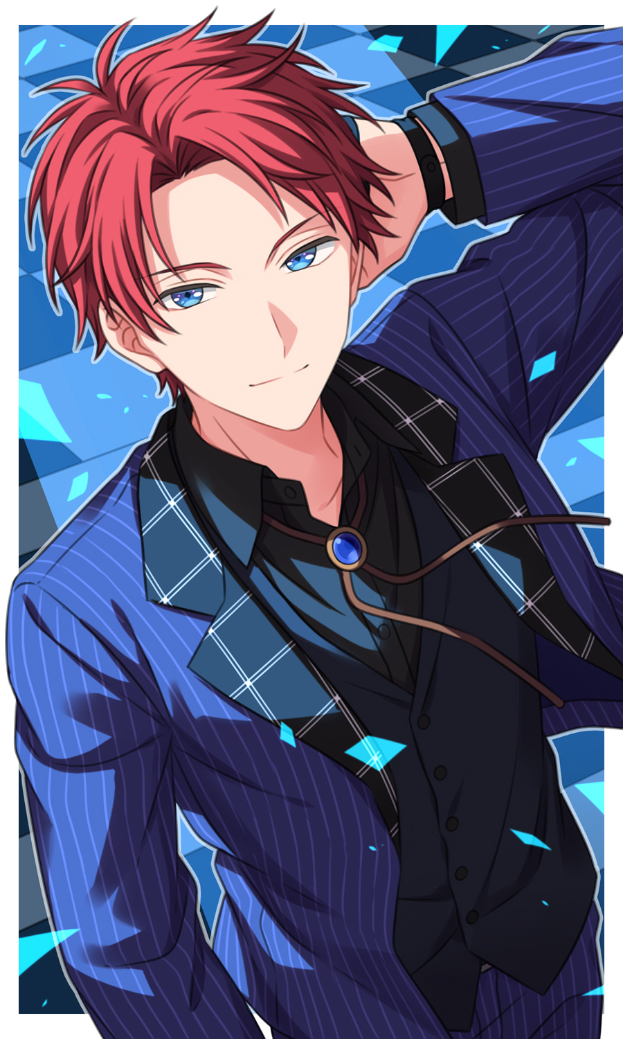 1boy arm_behind_head black_background black_shirt black_vest blue_background blue_eyes blue_jacket blue_suit border bracelet brooch commentary_request highres jacket jewelry looking_at_viewer male_focus multicolored_background on_air! parted_bangs red_hair sekina shirt short_hair smile solo striped_clothes striped_jacket suit upper_body vertical-striped_clothes vertical-striped_jacket vest yarai_rikka