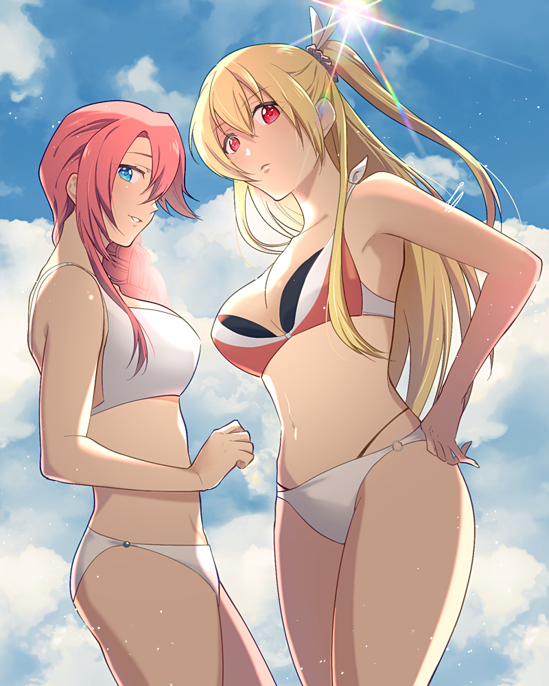 2girls alisa_reinford bikini blonde_hair blue_eyes blue_sky braid braided_ponytail breasts cloud double-parted_bangs eiyuu_densetsu emma_millstein hair_between_eyes hand_on_own_hip il_(il_suffered) large_breasts long_hair looking_at_viewer multiple_girls navel outdoors pink_hair ponytail red_eyes sen_no_kiseki sidelocks sky smile sun sun_glare swimsuit thighs