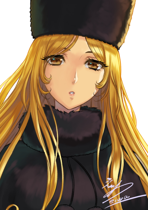 1girl blonde_hair brown_eyes eiwa fur_collar fur_hat ginga_tetsudou_999 hat lips long_hair maetel papakha parted_lips solo upper_body